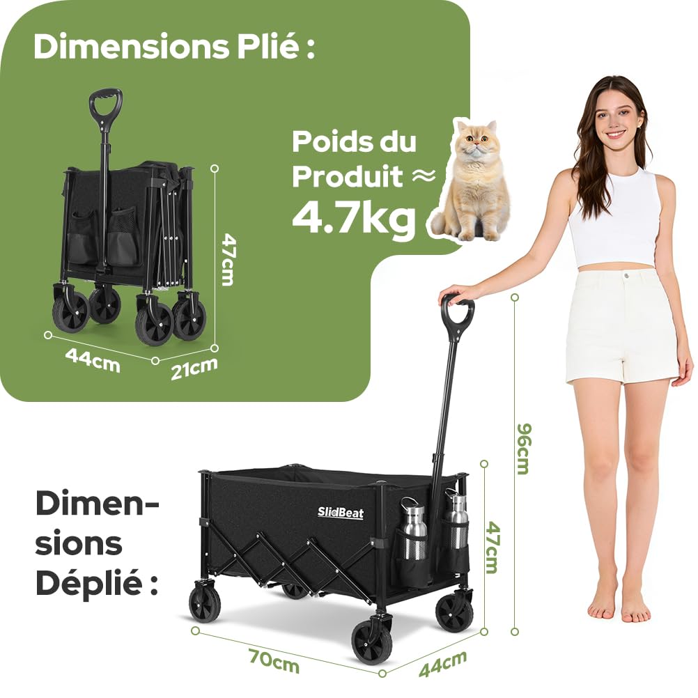 SLIDBEAT Chariot Pliable et Léger - 120L Capacité, pour Camping Courses Jardin Peche, Chariot de Transport Tout Terrain avec Roues 360° Démontables et Toile Lavable (2 Porte-Gobelets)