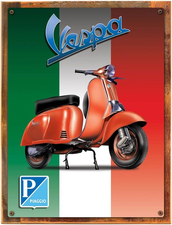 Wood-Framed Vespa Piaggio Metal Sign: Motorcycles and Scooters Decor Wall Accent for kitchen on reclaimed, rustic wood
