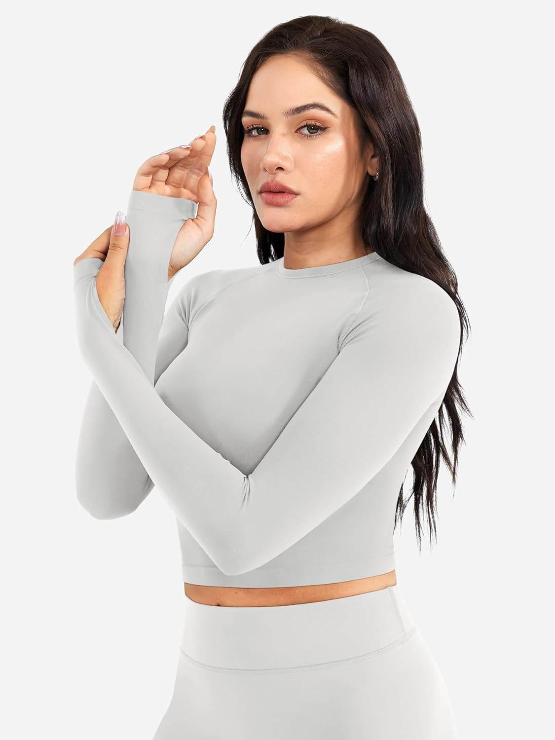 YEOREO Women Workout Gym Tops Basic Long Sleeve Shirt Slim Fitted Casual Stretchy Thin Active Running Yoga Crop Top - Image 4