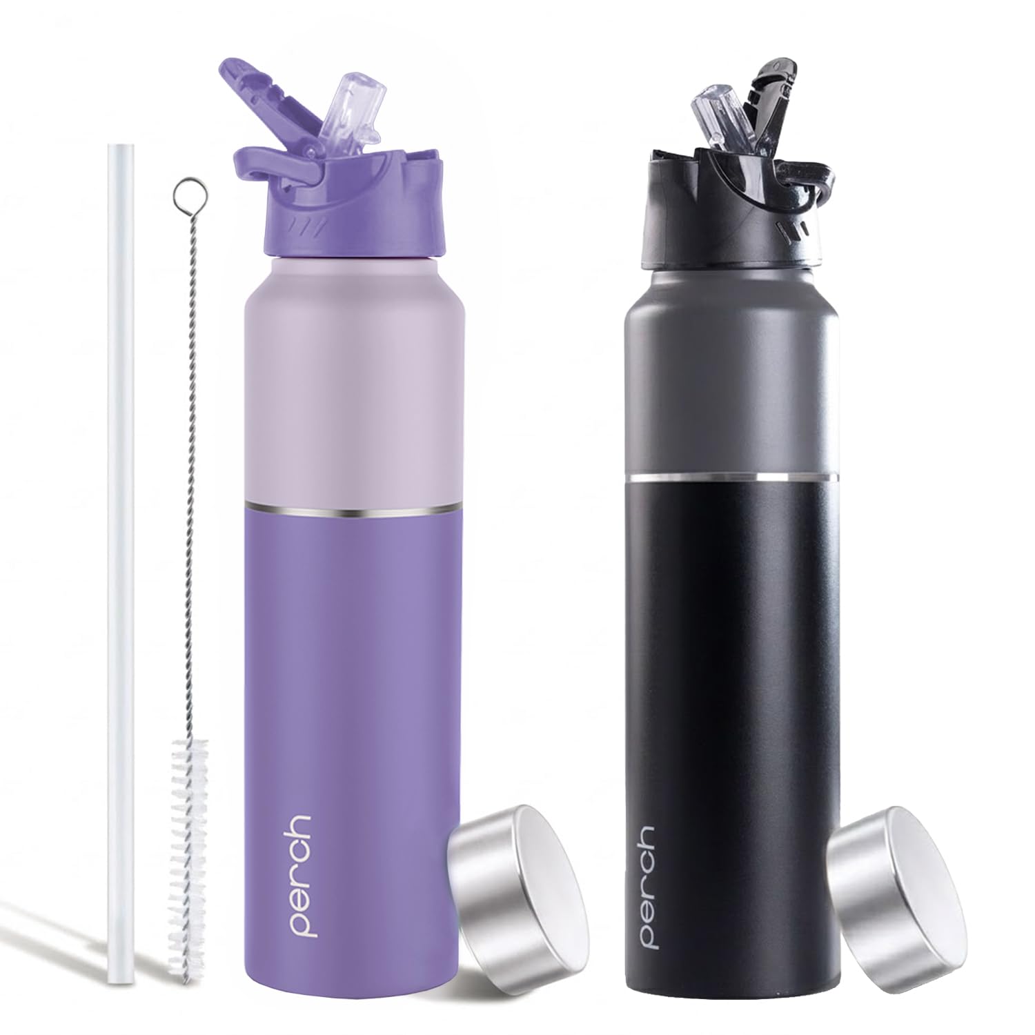 Perch Stainless Steel Sipper Water Bottle 1 LTR with Straw Cleaner | Single Wall Fridge Bottle| For Home, School, Office, Gym, Travel | Lightweight | BPA Free, Magic 1000ml | Set of 2 (Purple & Black)