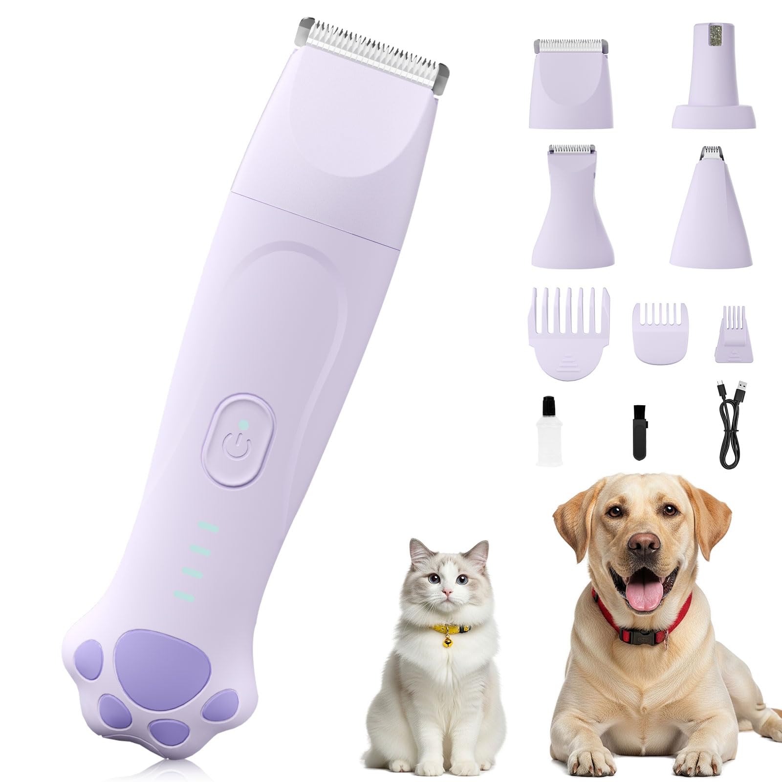Veeconn Kit per la toelettatura di cani e gatti, 4 in 1, impermeabile, a basso rumore, ricaricabile, senza fili, per uso domestico (lavanda)