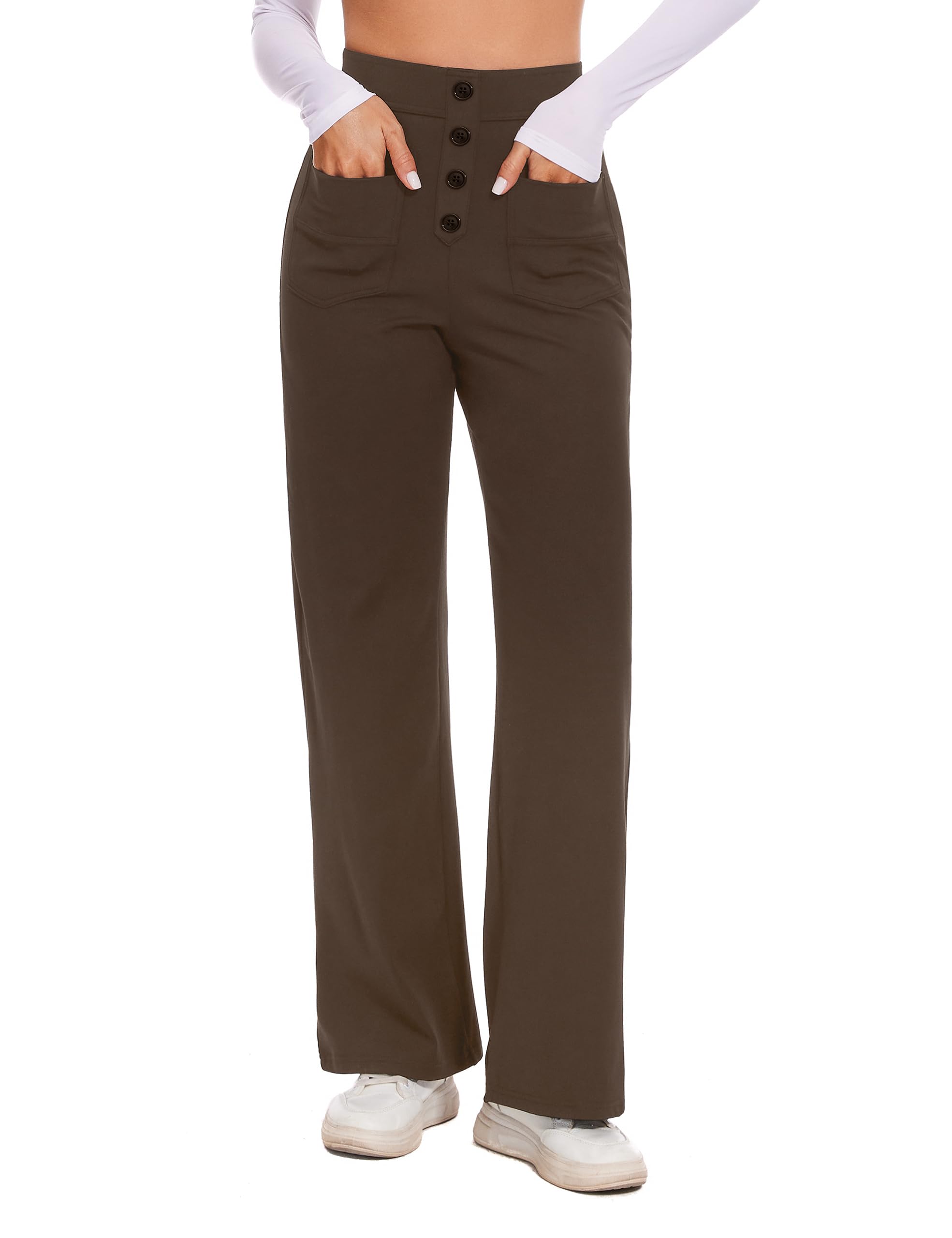 Desol Stoffhose Damen Weites Bein, Hoher Taille Business Hose Damen, Knopfleiste, Dehnbare Palazzo Hose mit Mehreren Taschen