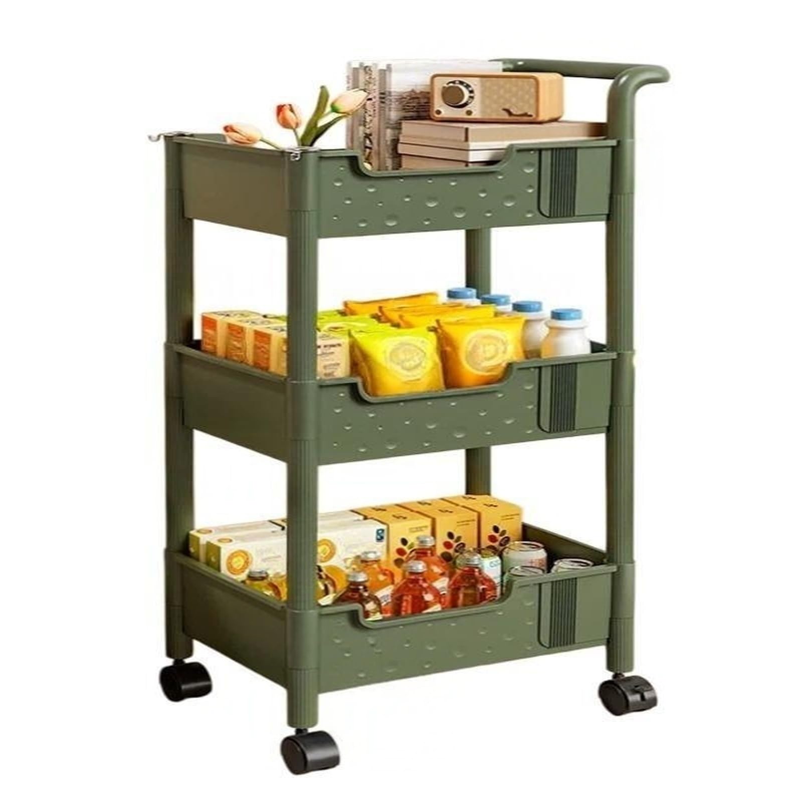 ZYYANSHOP Kitchen Storage Cart 3-Tier Rolling Storage Cart Movable Bookshelf and Snack Organizer Shelf(Green)