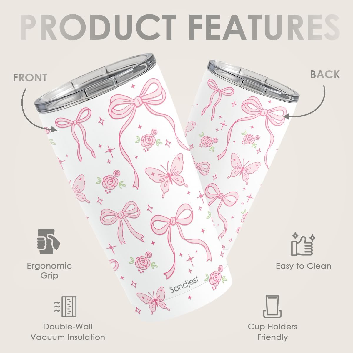 SANDJEST Bow Tumbler 20oz, Stainless Steel Travel Cup with Lid, Insulated Coffee Mug, Bow Gifts for Women Girls Friends Sisters on Birthday Christmas (White) - Image 2