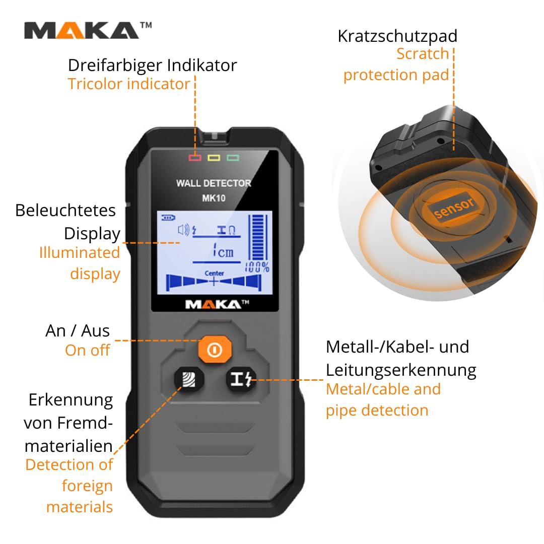 MAKA Digitaler Leitungssucher - Erkennung von Kupfer, Metall, Holz & Wechselstromleitungen bis zu 120 mm mit hörbarer Warnung - Multifunktionaler Wandscanner - Rohrsucher