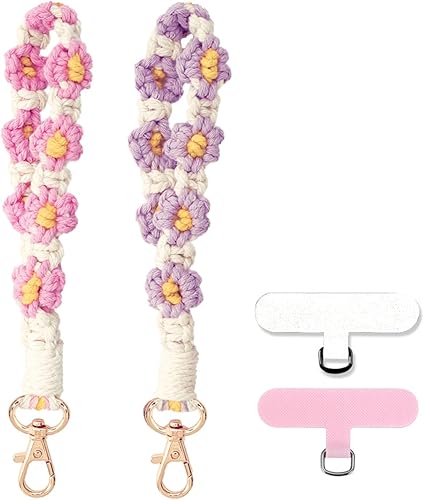 Correa de muñeca bohemia de macramé para teléfono, cordón para teléfono celular con pestaña de amarre, dije de llavero, cadena de teléfono