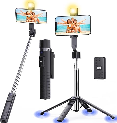 Ambertronix Trípode para selfie stick de 40 pulgadas, luz integrada, control remoto inalámbrico Bluetooth, extensible, acero inoxidable, 3 modos de