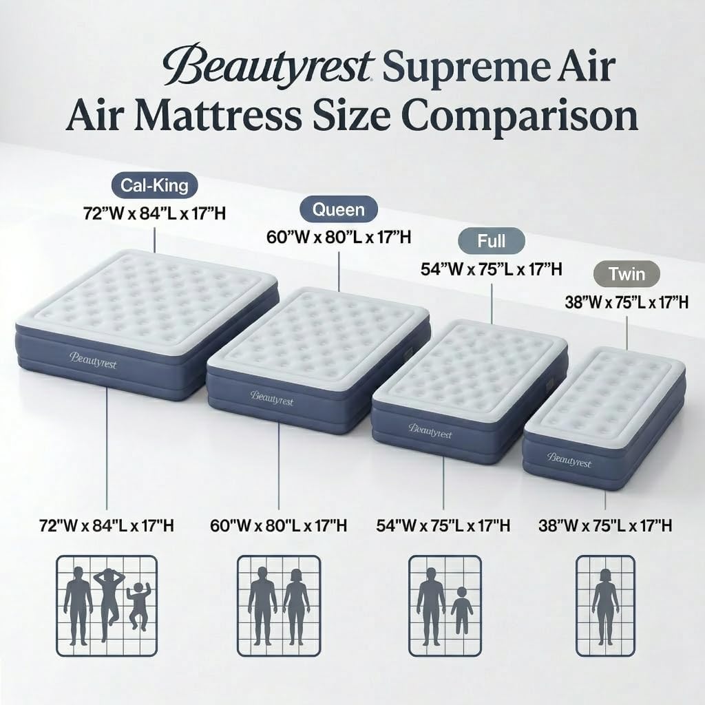 Beautyrest Supreme Air, Queen Size Air Mattress with Built-in Pump, Raised Inflatable Bed for Adults, Puncture-Resistant Vinyl, Auto Shut-Off, 650lb Support, Guest Bed, Camping Airbed, 3-Year Warranty
