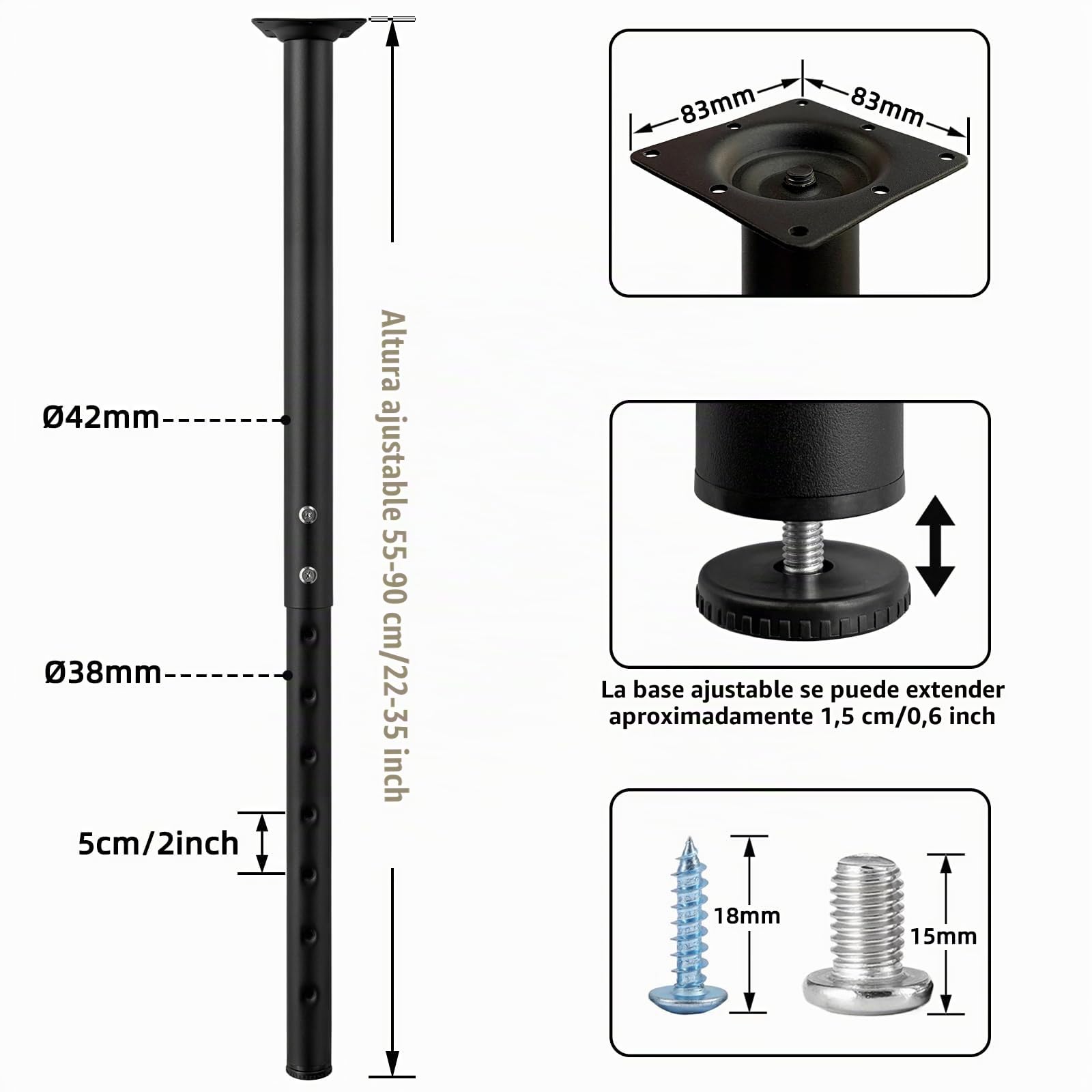 Jahof Pata para Mesa Regulable 55-90cm, Pie para Mueble Ajustable Ø42/38mm, Juego de Pierna de Acero con Tornillos para Escritorio (1 Pieza, Negro)