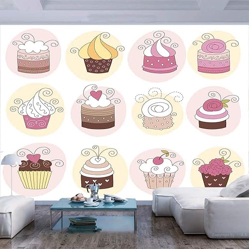 55x30 inches Wall Mural,Cupcakes Bakery Pastry Design Confectioners Decorations Cake Retro Style Decor Decorative Peel and Stick Self-Adhesive