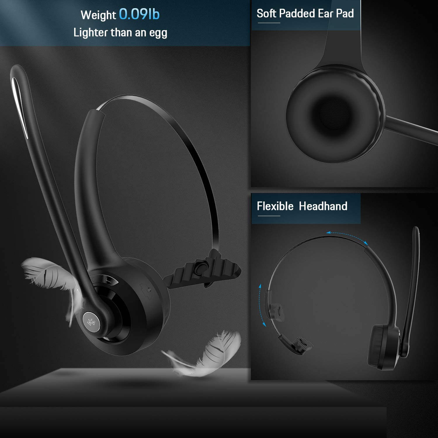ShinePick Cuffie Bluetooth senza fili con microfono, cuffie on-ear con cancellazione intelligente del rumore, per camion, PC, ufficio, Skype, call center