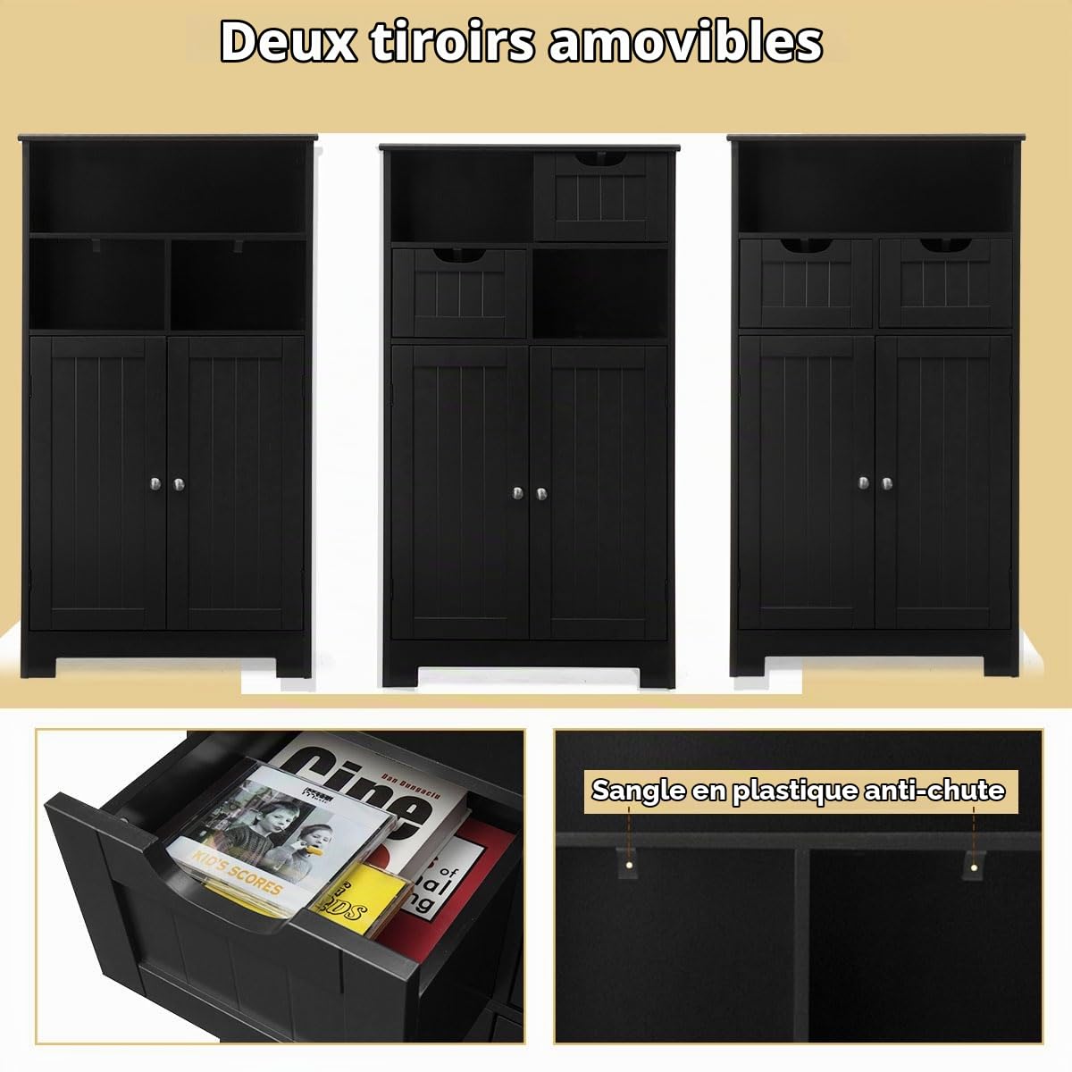 LIFEZEAL Armoire sur Pied de Salle de Bain avec Tiroirs et Étagères Réglables, Meuble de Rangement sur Pied en Bois, Armoire Haute Moderne pour Cuisine, Salon, Salle de Bain, 60 x 30 x 109 cm (Noir)
