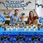 CEYAZYE 41PCS Video Game Birthday Decorations Set, Gaming Party Supplies with Foil Gamer Balloons, Banner, Tablecloth & Cake Toppers for Boys, Blue Gamer Theme Party Decor - Image 5