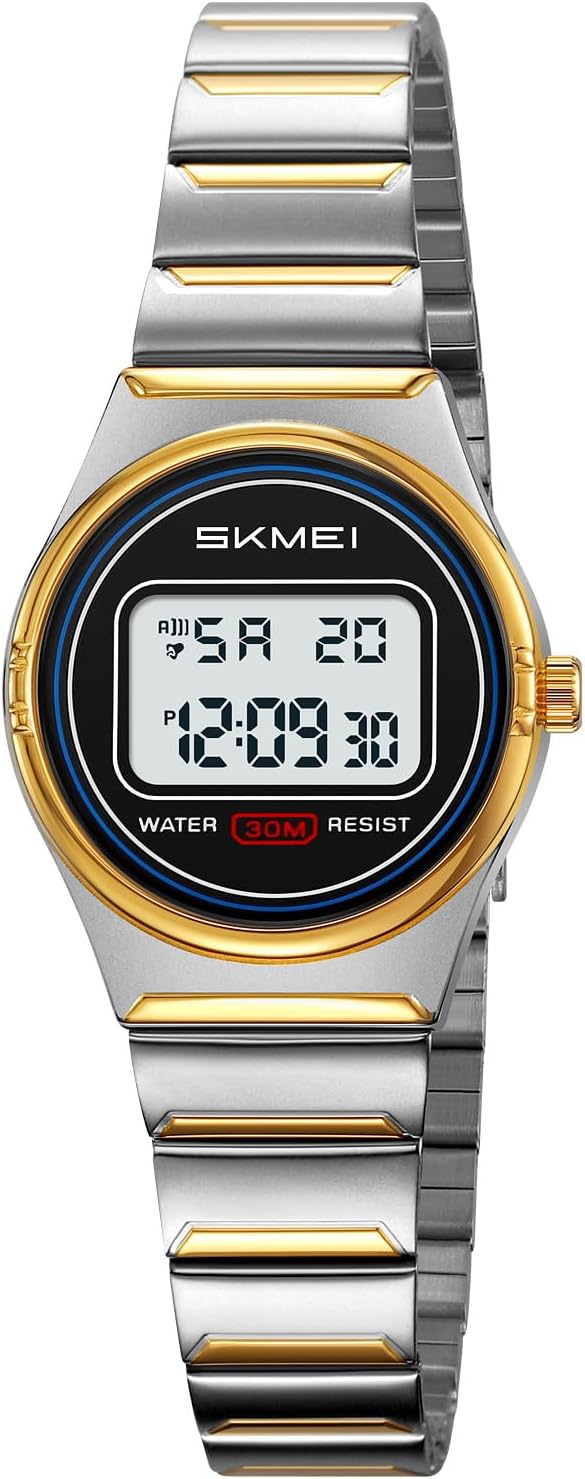 SKMEI Elegant Women's Digital Watches Waterproof Fashion Ladies Stainless Steel Wristwatch with LED Light Alarm