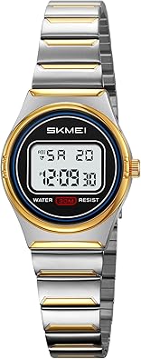 SKMEI Watches for Women, Vintage Classic Dainty Round Digital Watches for Women with 30M Waterproof LED Back Light Date Week Alarm Stainless Steel Strap Casual Wrist Watch