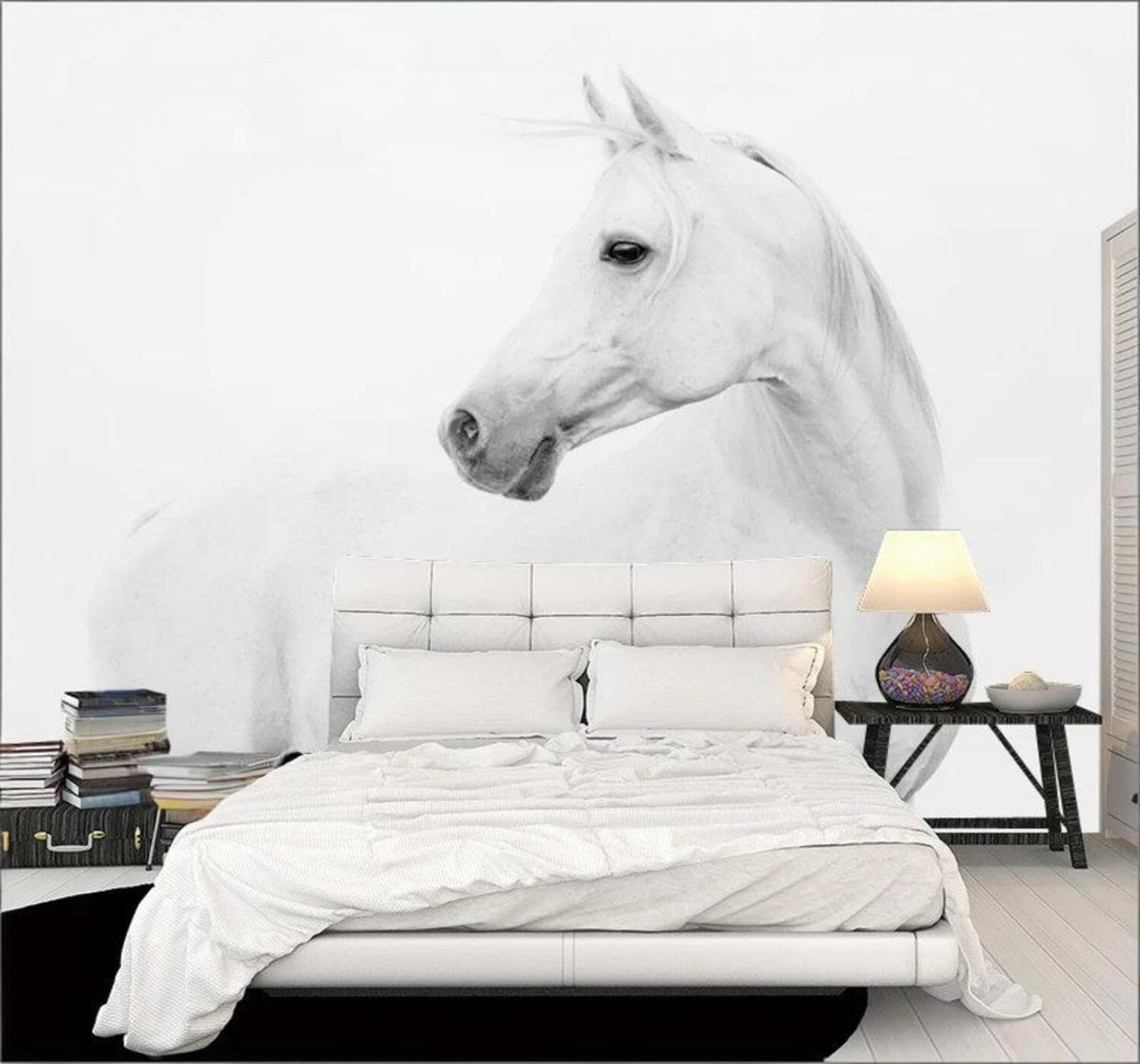 Wallpaper-3D-Xlm 350Cm×256Cm(B×H) Minimalist Three Dimensional Animals White Horse Decoration 3D Wallpaper Easy Install Feature Office Living Room Sofa Bedroom Tv Background Wall Decoration-350Cm×256Cm