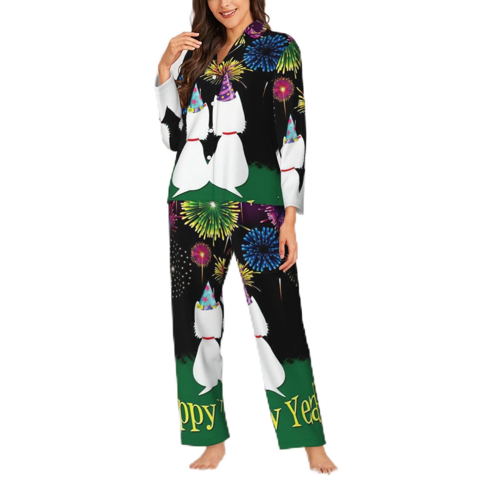 Migpkd Happy New Year Pajamas For Women Set Long Sleeve Button Down Sleepwear 2 Piece Nightwear Women Pjs Sets Black