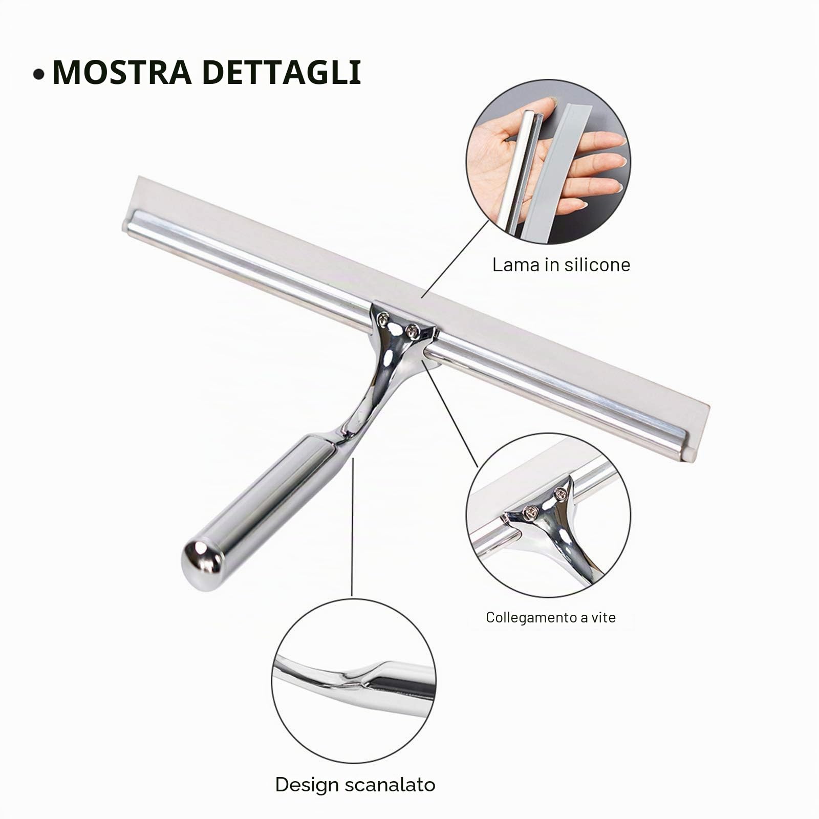 Tergivetro per Doccia, Tergivetro per Finestre, Pulisci Vetro Doccia in Acciaio Inossidabile con Forte Gancio di Aspirazione per Bagno, Cucina, Specchio, Pulizia di Finestre e Vetri, 10 Cromo