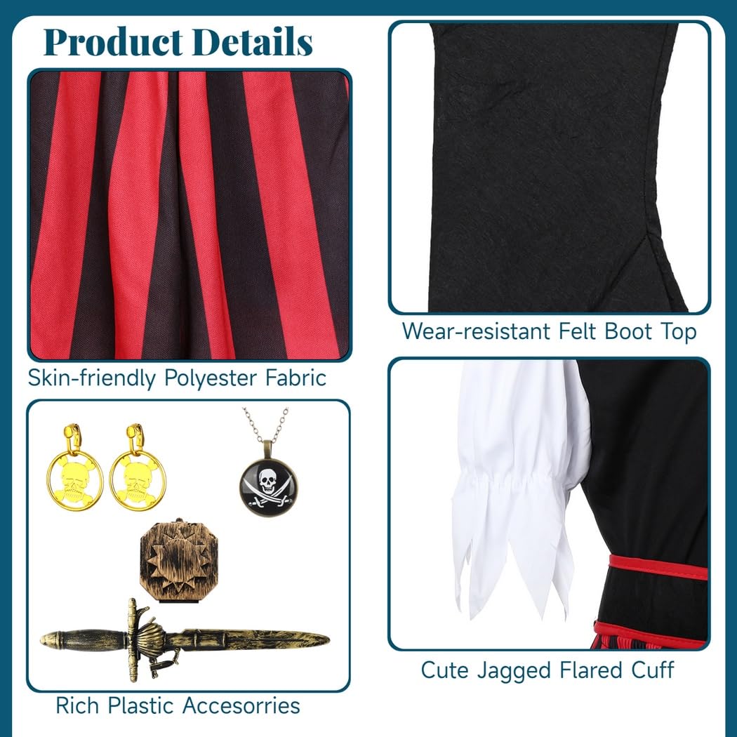 Mädchen Piratenkostüm, Verkleidungsset für Kinder, Piraten Outfit mit Augenklappe, Hut, Stiefelstulpen und Zubehör, Rollenspiel Kostüm für Mädchen
