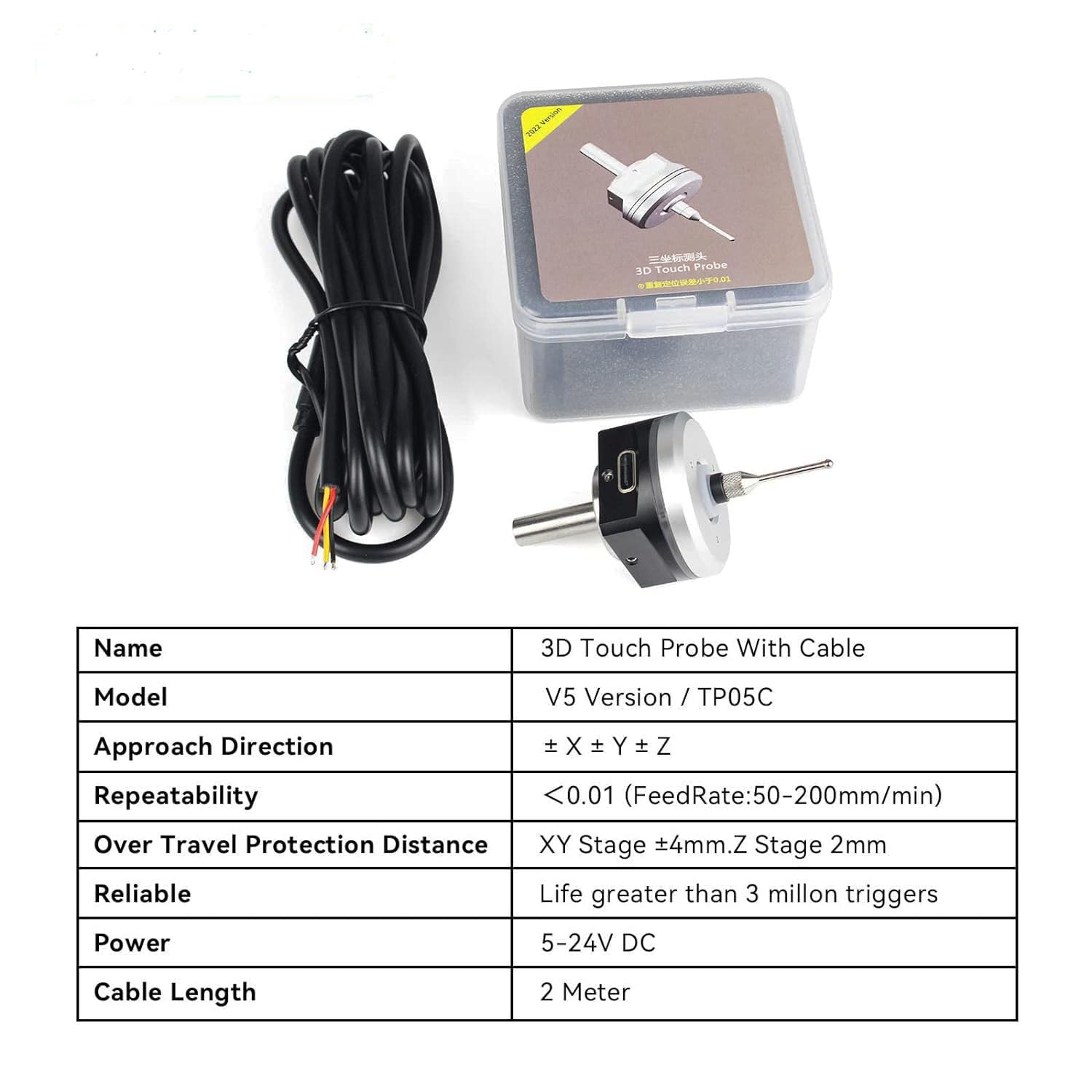 CNC 3D Touch Probe Edge Finder,XYZ Coordinate Measuring Sensor with 2M Cable and 6 MM Shank Compatible with Mach3 and GRBL,for GRBL CNC Router (NPN-NO)