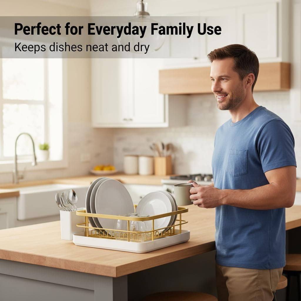 Dish Drying Rack, Multi-Function Dish Racks for Kitchen Counter, Carbon Steel Dish Rack with Cutlery Holder and Drip Tray, Space-Saving Kitchen Organizer (Gold)