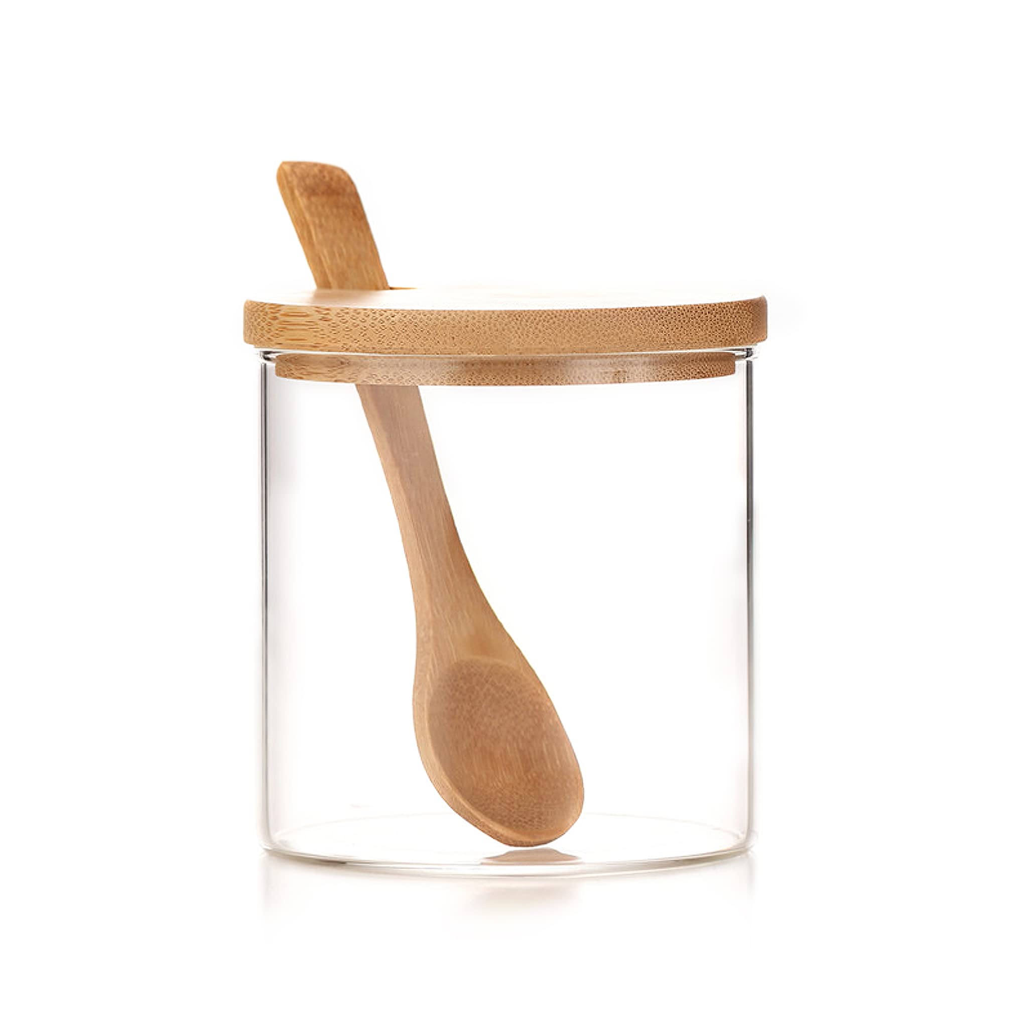 Incetue Clear 1Pcs Condiment Pot, Seasoning Containers Box, Glass Jar With Bamboo Lid, Cute Suger Bowl, Salt Container With Wooden Spoon, 10Oz Spice Pepper Storage Canister For Kitchen And Home