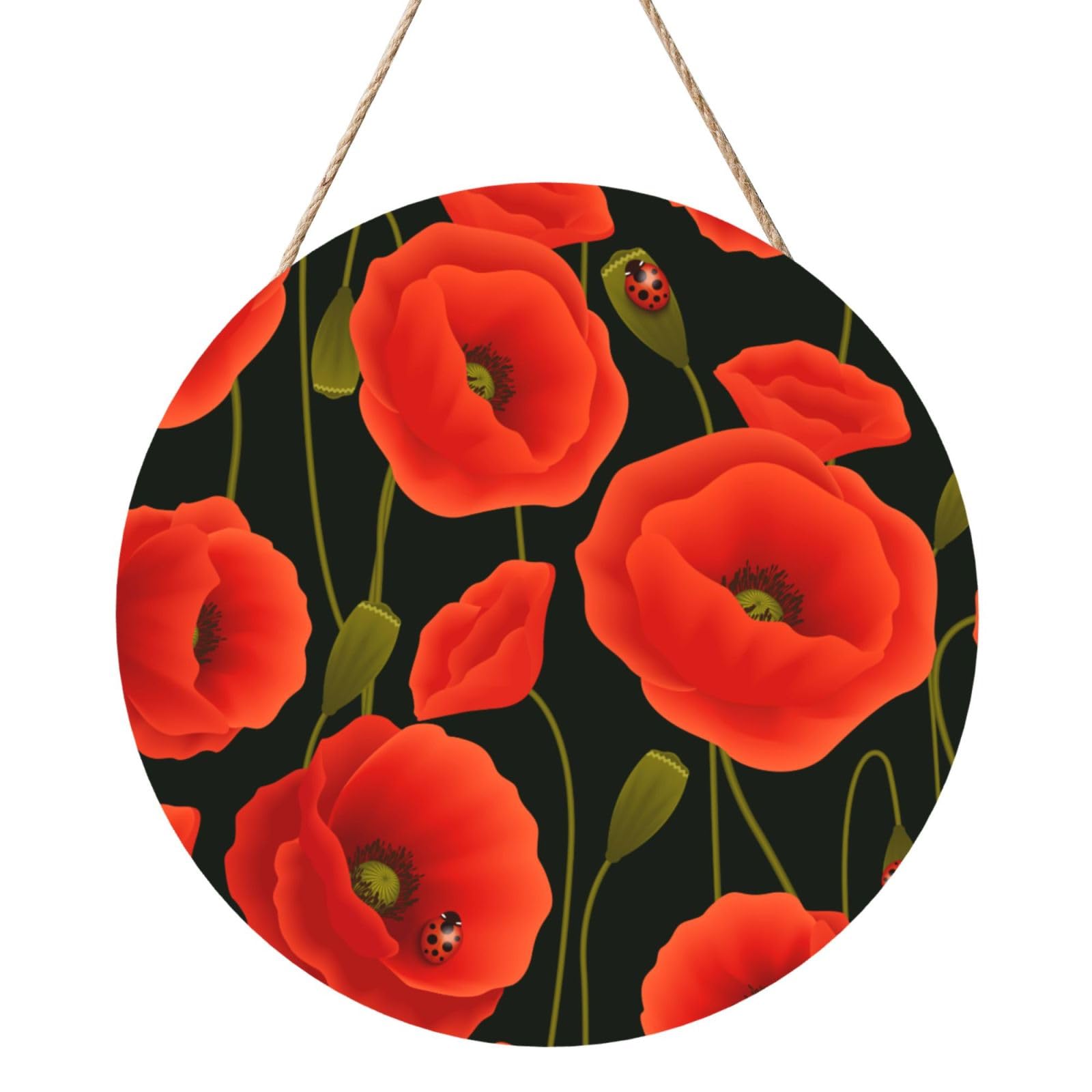 InOmak Poppy Flowers, Round Wood Panel Painting 12 in, Wall Hanging Painting For Home