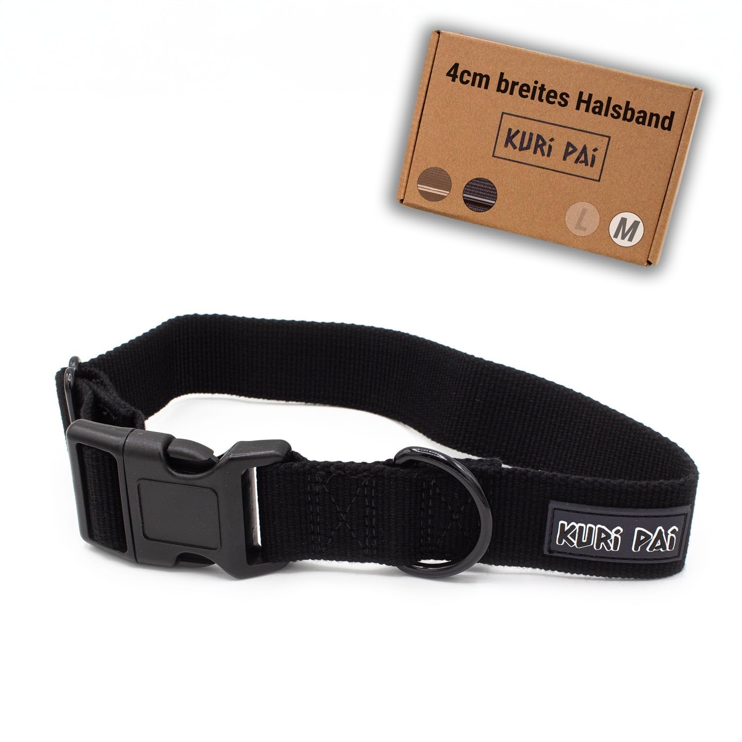 KURI PAIExtra Wide Dog Collar, Classic Soft Bamboo Dog Collar, Secure Clasp, Black Metal Parts, Medium Size for Medium Dogs