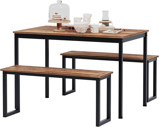 DlandHome 3-Piece Ensemble de table à manger 4 Personnes,Soho Table à manger et chaises,Rectangulaire table de dîner avec deux bancs pour la cuisine,Brown DCA-CZJYB-yzld01