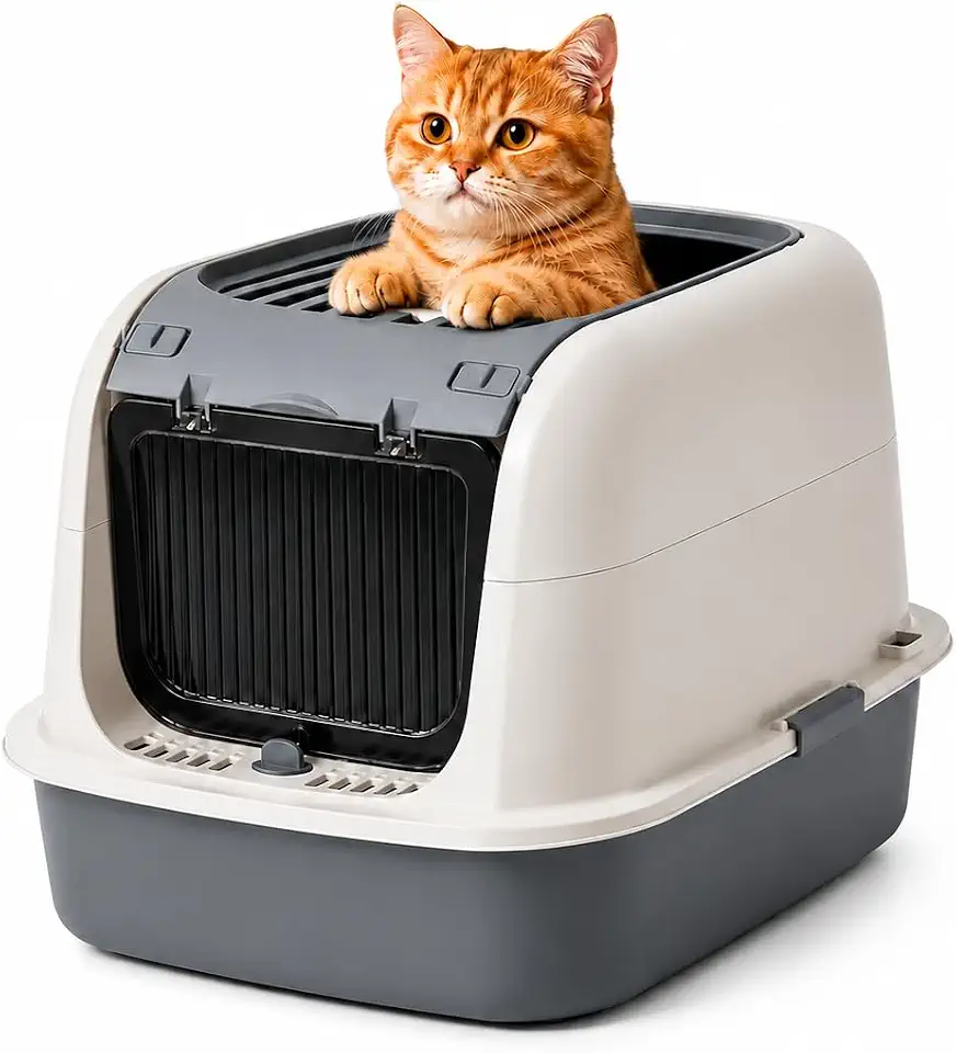 Caixa de Areia Fechada Ultrabox 2 em 1 para Gatos, com Pá Higiênica, Design Anti-Vazamento, Porta Frontal Controlável (Cinza)