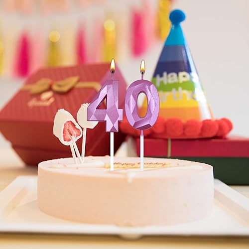 Miniatura 3 de Velas de cumpleaños de 40 para pastel, color rosa, número 40, 3D, forma de diamante, decoración de cumpleaños, suministros de fiesta para mujeres u