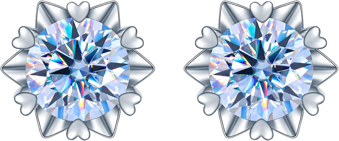 14K Gold Heart Snowflake Stud Earrings with 0.5/1ct D-Color VVS1 Round Cut Blue Diamond, Birthday Gifts for Women