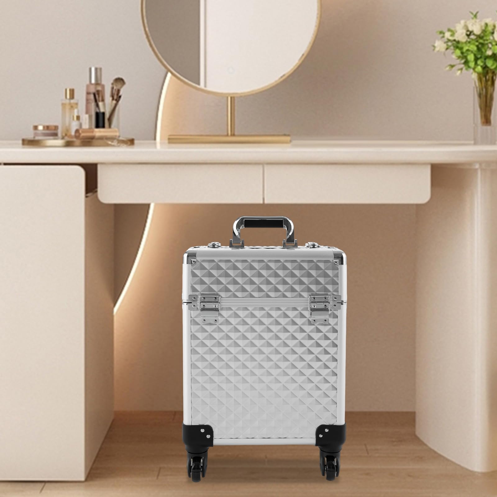 Kosmetikkoffer Groß, Professioneller Schminkkoffer, Multifunktionaler Trolley - Aufbewahrungskoffer Kosmetikkoffer, Beauty Koffer mit 360° Drehbaren Rollen, 34 * 24 * 41cm (Silber)