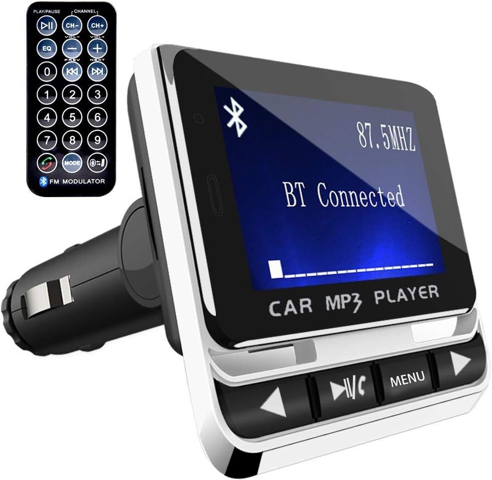 FM Transmitter, Tohayie Bluetooth Wireless Radio Adapter Audio Receiver Stereo Music Tuner Modulator Car Kit with USB Charger, Remote Control, Silver