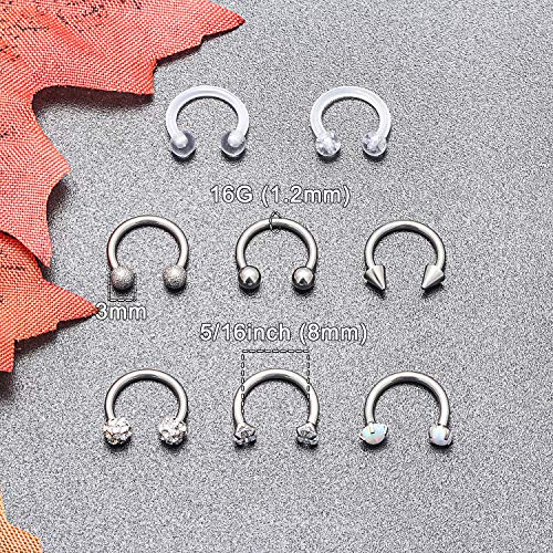 Dyknasz Horseshoe Circular Barbell Clear CZ Opal Stone Nose Septum Rings Hoop Retainer for Women Men Helix Cartilage Tragus Earring 316L Surgical Steel 16G 5/16"(8mm) 3/8"(10mm)3