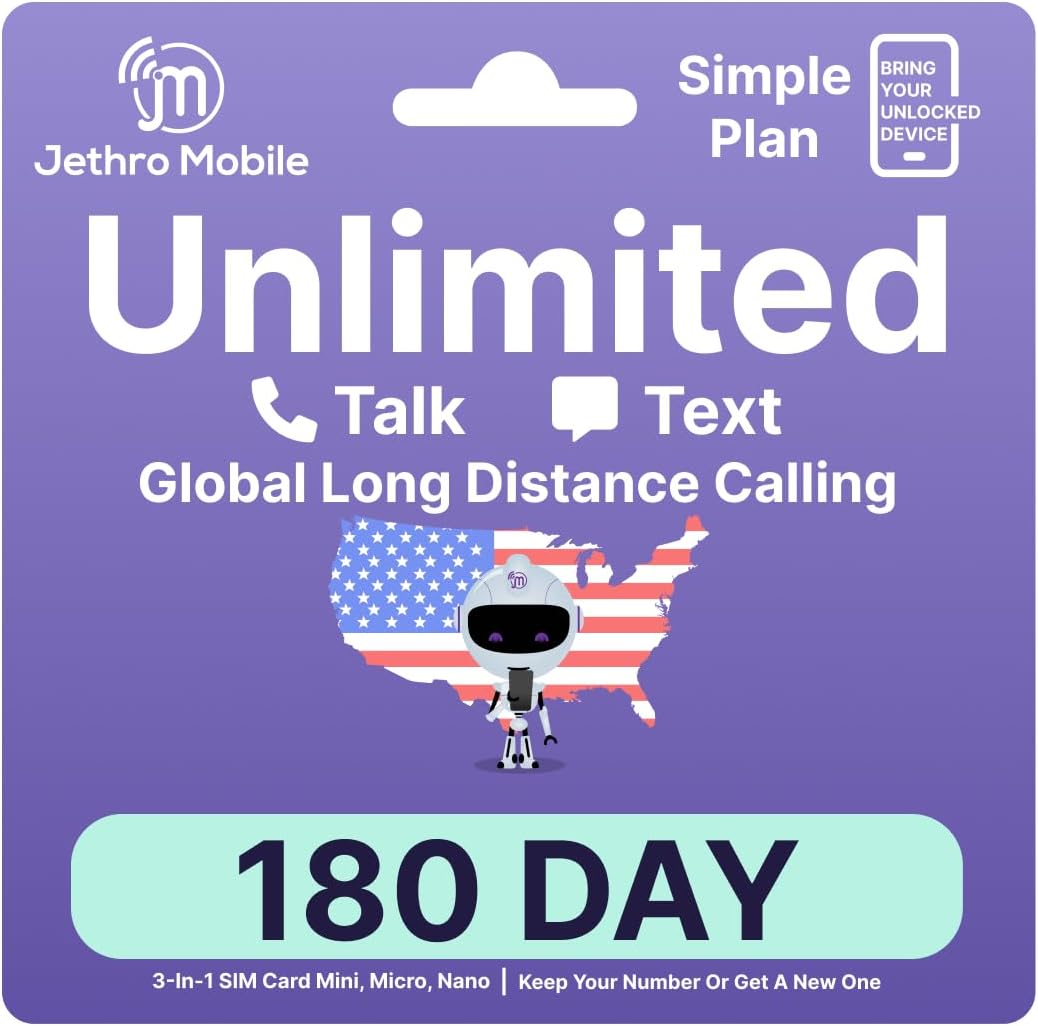 Jethro Mobile 6-Months Unlimited Talk & Text Cell Phone Plan, 5G/4G LTE, Compatible with GSM Senior Cell Phones, Dumb Phones & Feature Phones, 3-in-1 Size SIM Card