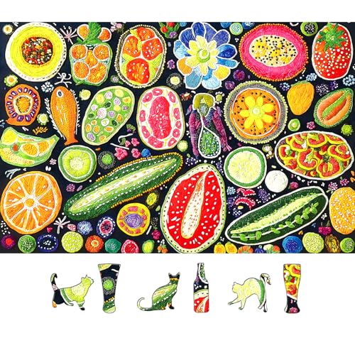 Colorful Fruits and Vegetables Jigsaw Puzzles 500 Pieces for Adults - Vibrant Whimsical Food Collage Art Puzzle with with Letters on Back 500 Piece Challenging Puzzle for Seniors(23''X15'')
