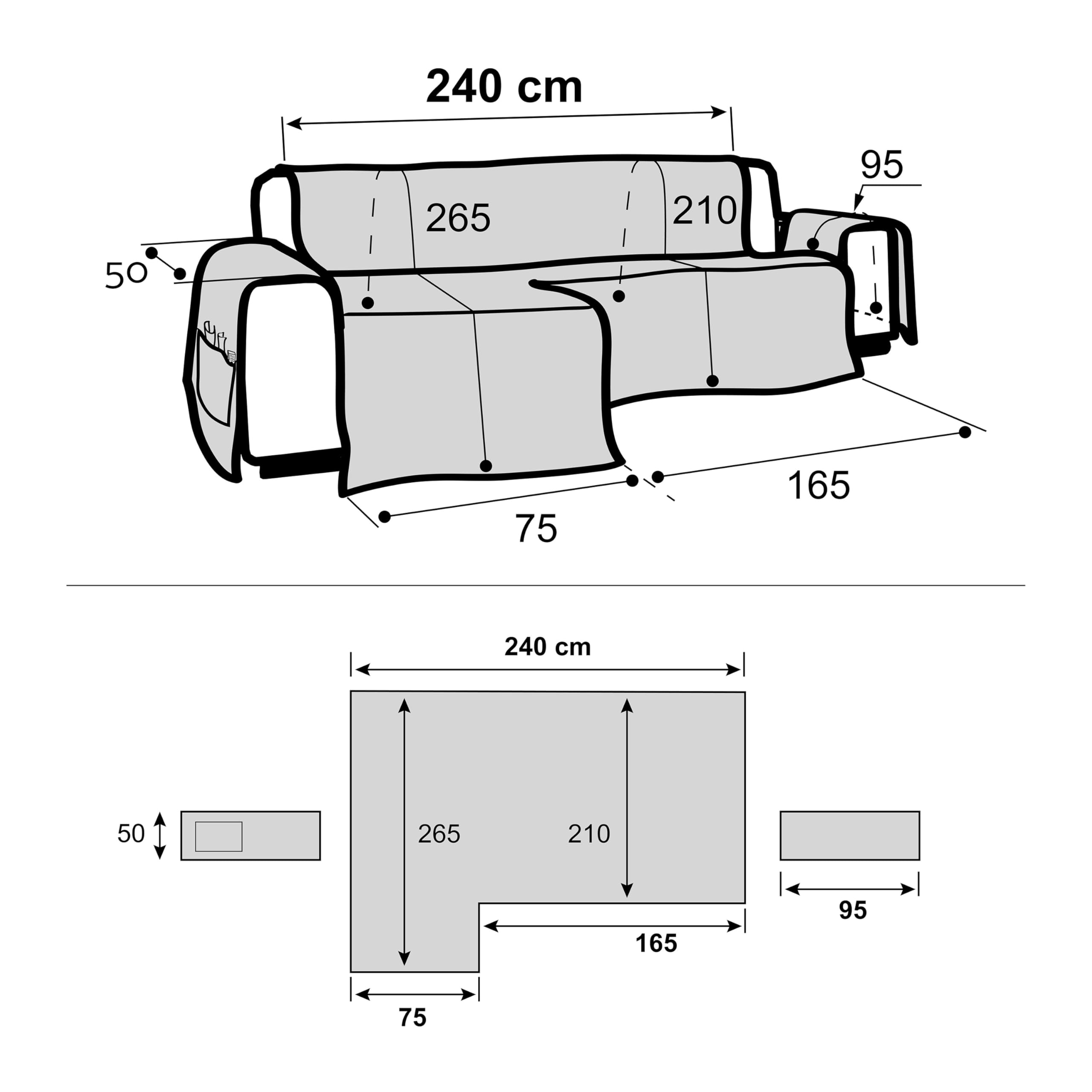 FAVERTI® Cubre Sofá Chaise Longue Brazo Izquierdo 240 (Visto de Frente) | Modelo PEGO | Gris Claro | Chenilla Tacto Extra Suave, Protector Chaise de Calidad Hecho en España con Material Reciclado