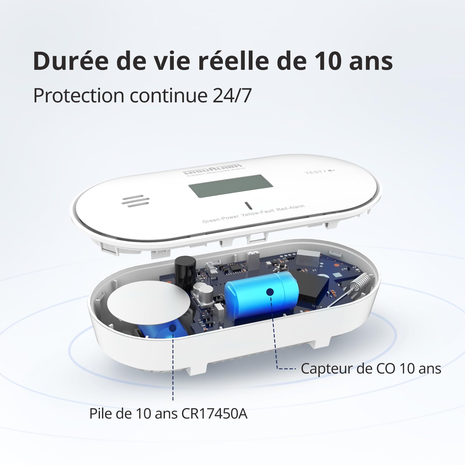 Détecteur de monoxyde de carbone, batterie scellée 10 ans, alarme de monoxyde de carbone, avec détection de température et d'humidité et affichage LCD, détecteurs de monoxyde de carbone pour la maison
