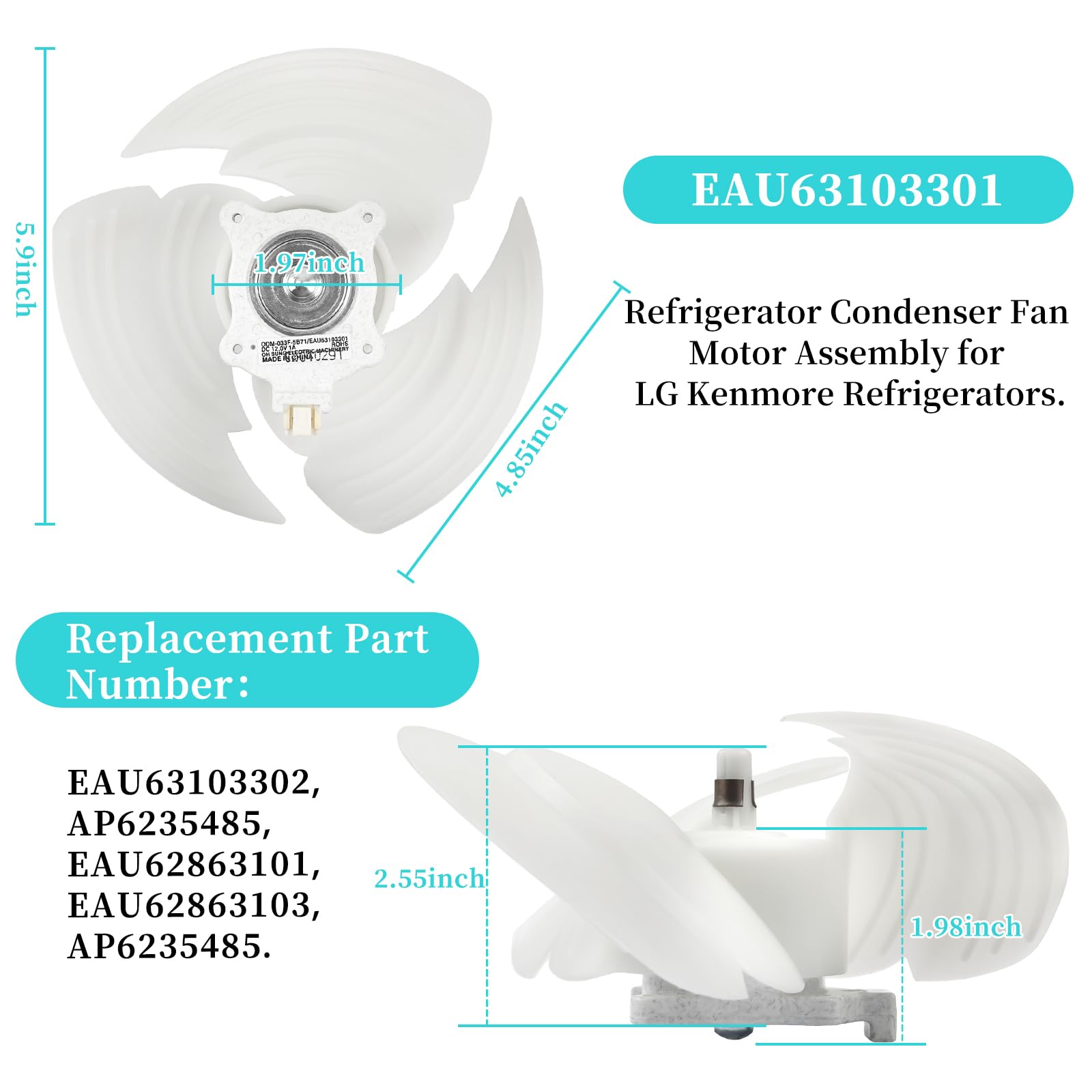 EAU63103301 - Motor de ventilador evaporador/condensador para refrigerador LG Kenmore
