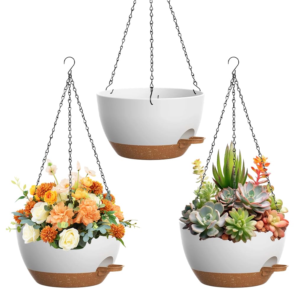 Lot de 3 Pots Suspendus pour Plantes d'Intérieur, 25 cm Jardinières Suspendues avec Soucoupe et Trous de Drainage, Pots de Fleurs Suspendus pour Balcon, Salon, Jardin, Intérieur et Extérieur, Blanc