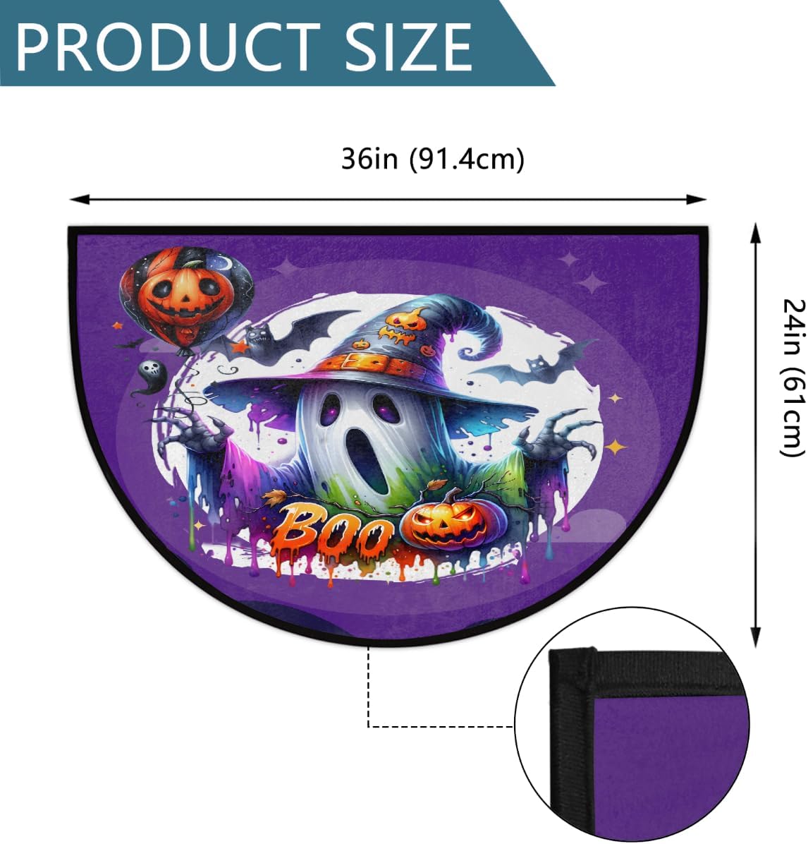 Halloween Ghost Purple Boo Half Round Doormat Washable Semi Circle Rug Non Slip Half Moon Rug Floor Mat for Indoor Outdoor Bathroom Kitchen Fireplace Entryway Bath Holiday Decor
