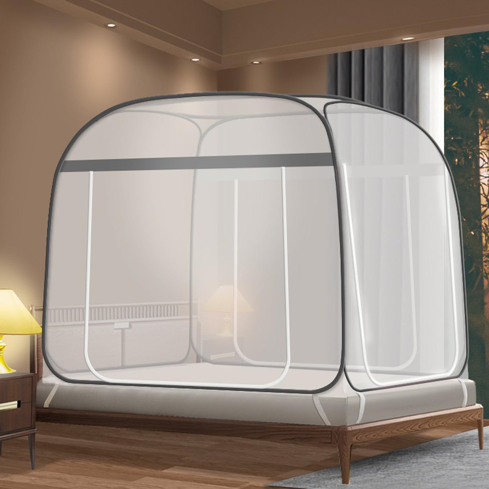 CMINGJ Mosquito Net for Bed 3 Door, Portable pop up Mosquito Netting with Bottom, Free Installation-Suitable for Bedroom, Camping, Folding Portable Design for Baby Adults (Gray (3 Door))