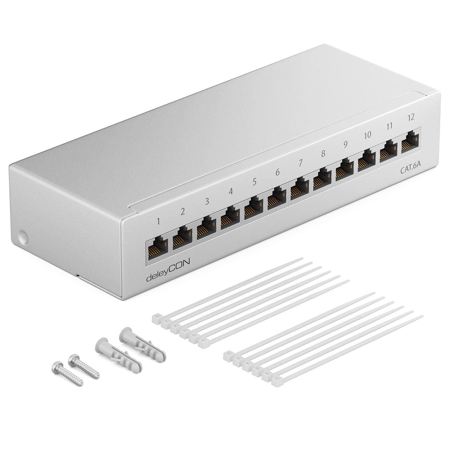 deleyCON CAT 6a Pannello Patch Distribuzione con 12 Porte 1RU Montaggio a Parete e Desktop Schermatura 12 Prese RJ45 Cavi d'Installazione Rete Ethernet TIA568A TIA568B in RAL7035 Grigio Chiaro