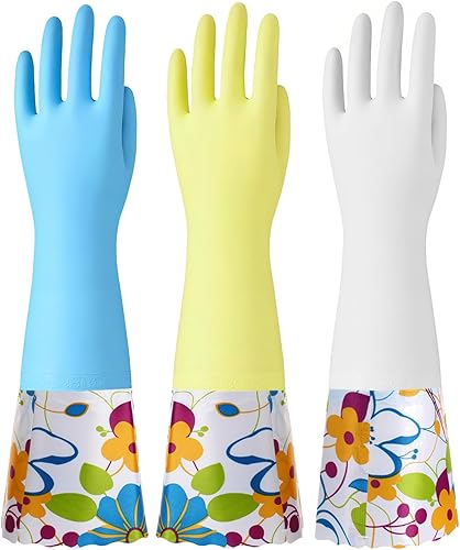 Miniatura 8 de Bamllum 3 pares de guantes de goma de limpieza, guantes de cocina para el hogar con forro de algodón, puño largo de 16 pulgadas, reutilizables, Azul