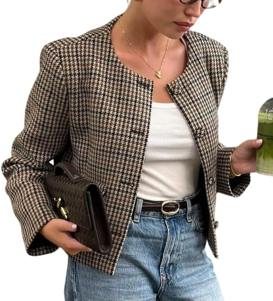 CHARTOU Women Houndstooth Cropped Coat Fall Vintage Plaid Round Neck Button Down Blazer Outwear Casual Jacket