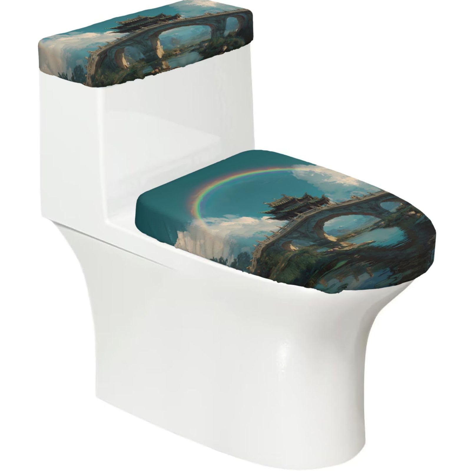 Wzycwb Black Ancient Buildings 2-Piece Toilet Seat Cover Set With Tank Lid, Elastic Fit For U-Shape & Elongated Toilets, Bathroom Decor, Housewarming Gift