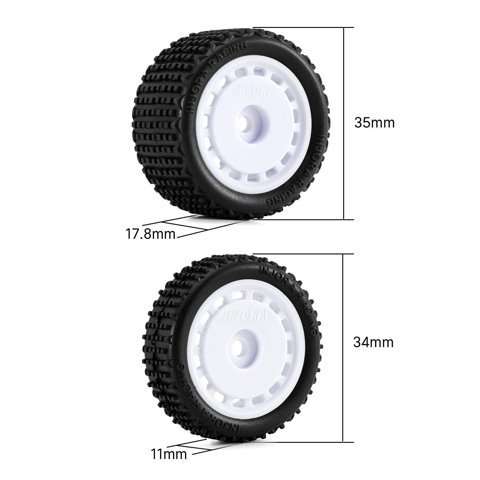 INJORA Pre-mounted Pin Buggy Tires & Wheels for 1/24 Losi Micro-B,4pcs, White, 34*11mm, 35*17.8mm - Image 2