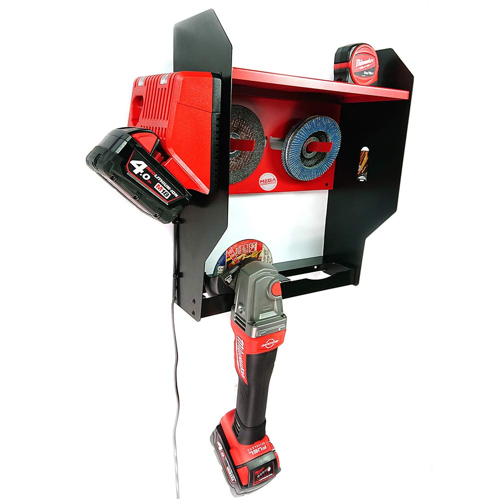 MegaMaxx Angle Grinder Storage Charging Station - Wall Mount Toolbox Rack Cabinet With Shelf Unit Fold Out Hangers For Cutting Discs Flap Discs 2 Tool Capacity Yellow Black - View #12