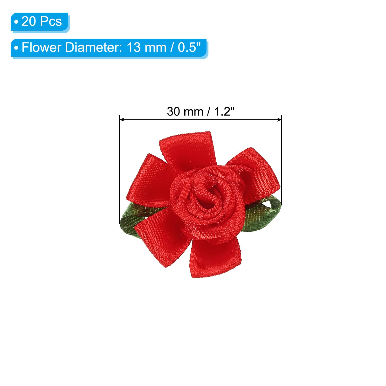 PATIKIL Mini Satin Ribbon Roses, 20 Pcs Small Rosettes Fabric Flowers with Green Leaves for Craft Projects Embellishments Applique Red - Image 2